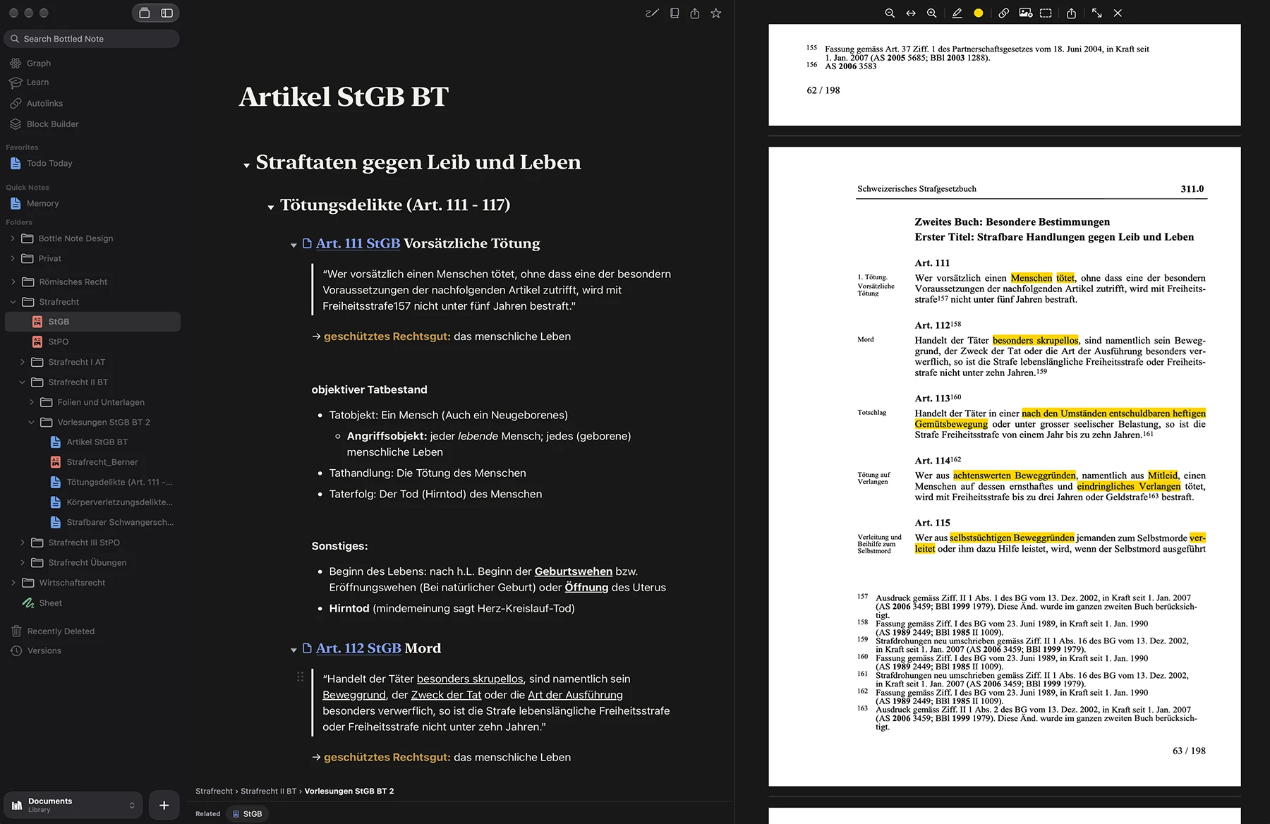Eine Strafrecht-Notiz auf dem Mac, daneben das Strafgesetzbuch als PDF