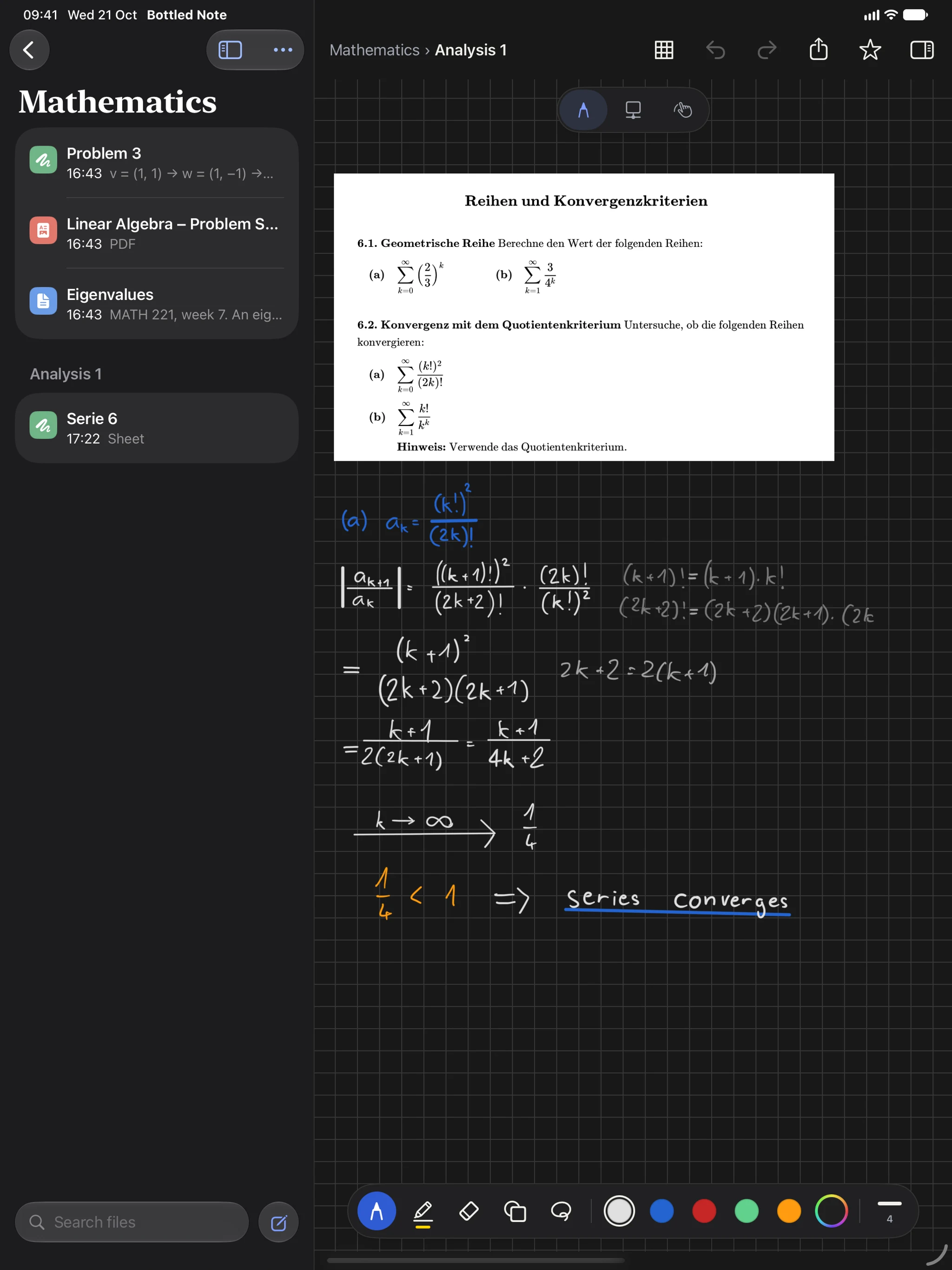 Eine Mathe-Aufgabe auf dem iPad, aus dem PDF ausgeschnitten und mit dem Apple Pencil von Hand gelöst