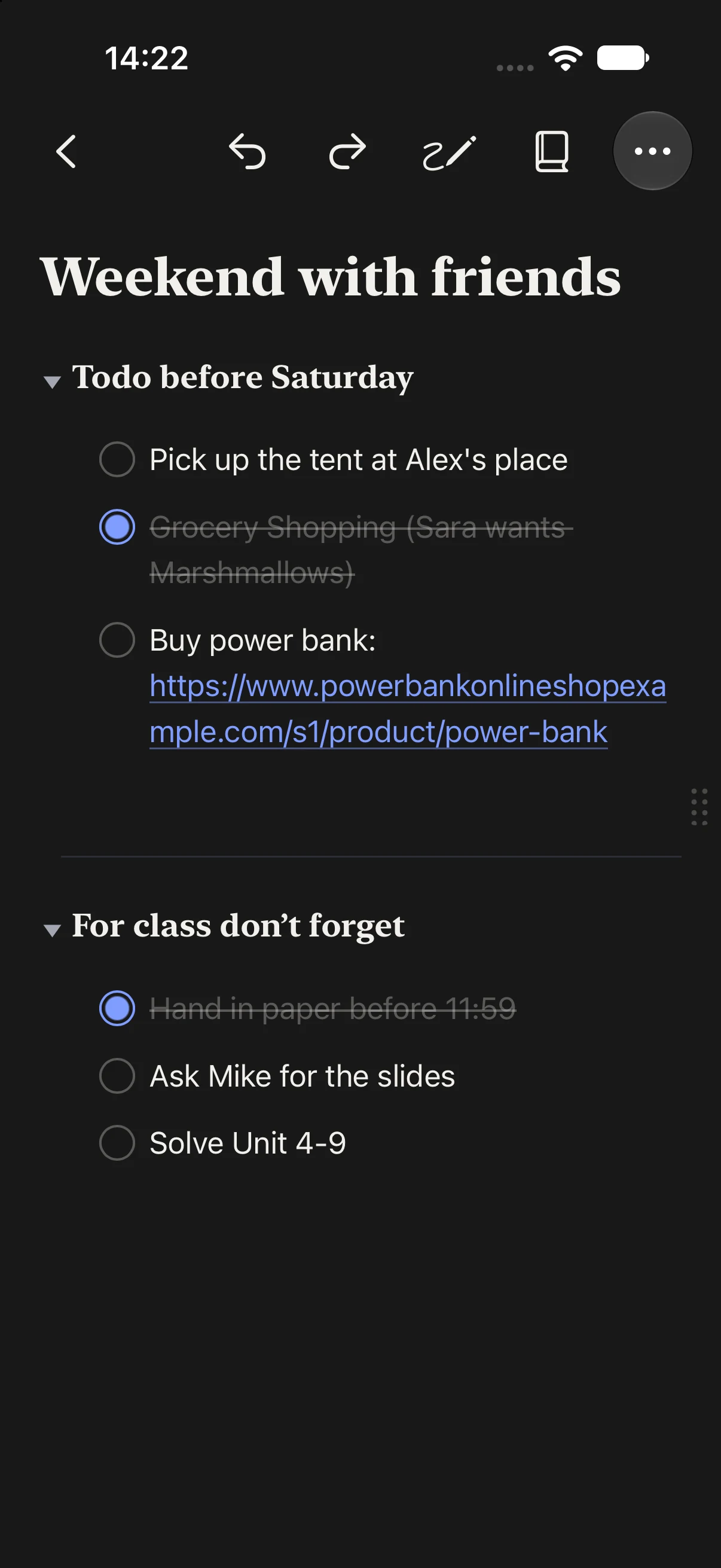 Eine Notiz auf dem iPhone mit To-dos fürs Wochenende mit Freunden und fürs Studium