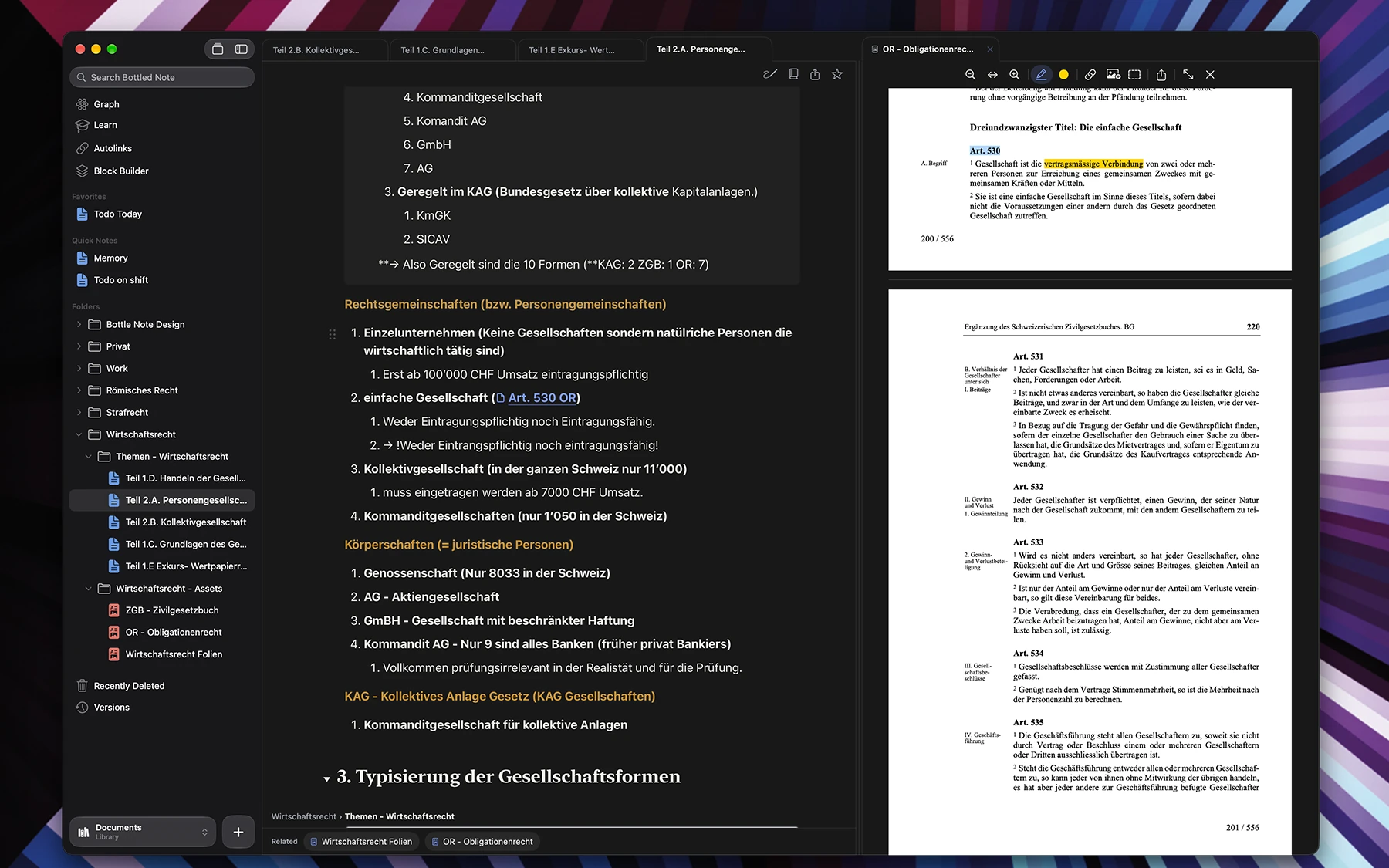 Eine Notiz zum Gesellschaftsrecht auf dem Mac, daneben das Obligationenrecht als PDF