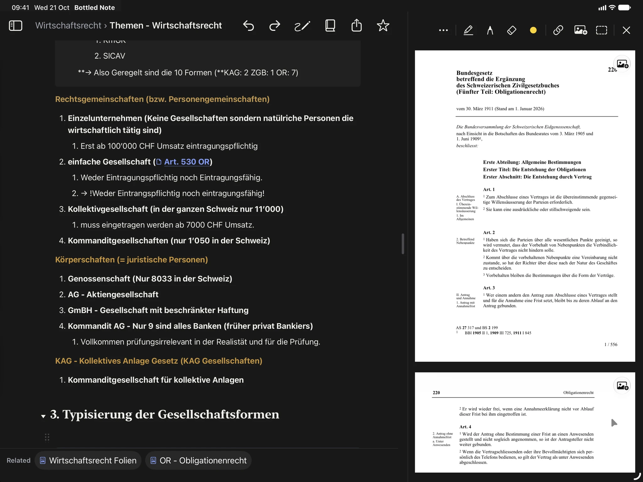 Dieselbe Notiz zum Gesellschaftsrecht auf dem iPad, daneben das Obligationenrecht